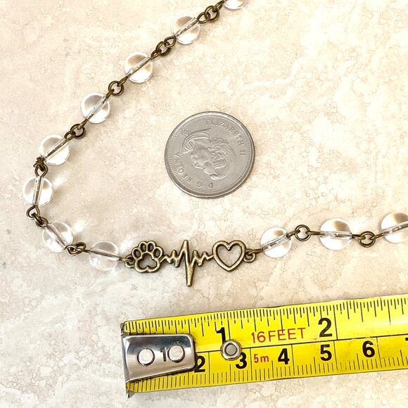 Genuine Clear Quartz Short Necklace,Bronze Paw Print Heart Beat Natural Gemstone - Picture 14 of 16